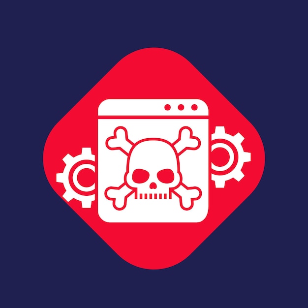 Icono de ataque de malware de virus informático con cráneo y huesos