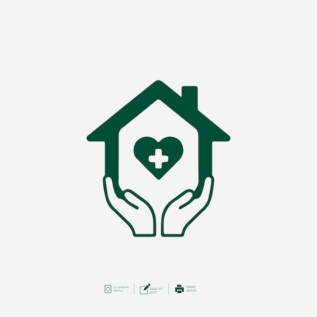 Icono de atención médica en el hogar con manos, corazón y signo de cruz