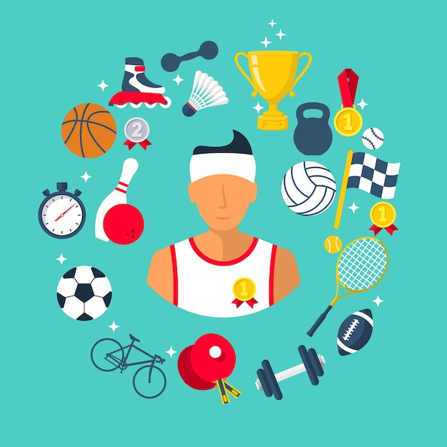 Icono de atleta artículos deportivos. Fondo abstracto deportivo. estilo plano. Diseño de dibujos animados de ilustración vectorial. Aislado sobre fondo blanco. Fútbol baloncesto voleibol tenis medalla taza bicicleta levantamiento de pesas.