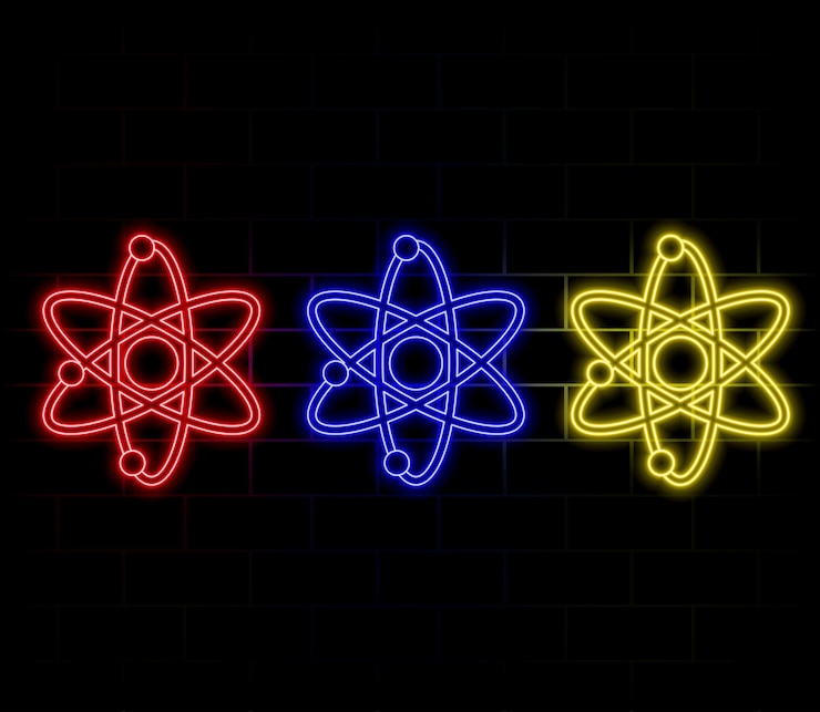 Vector ícono de átomo neón luz de átomo neutrón átomo color azul átomo nuclear núcleo de célula 3d fusión molecular orbe