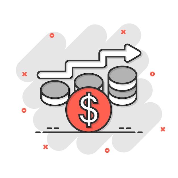 Icono de aumento de la tasa de ingresos en estilo cómic Ilustración de vector de dibujos animados de rendimiento financiero sobre fondo blanco aislado Moneda con concepto de negocio de efecto de salpicadura de flecha de crecimiento