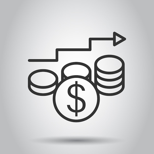 Icono de aumento de tasa de ingresos en estilo plano Ilustración de vector de rendimiento financiero en fondo blanco aislado Moneda con concepto de negocio de flecha de crecimiento
