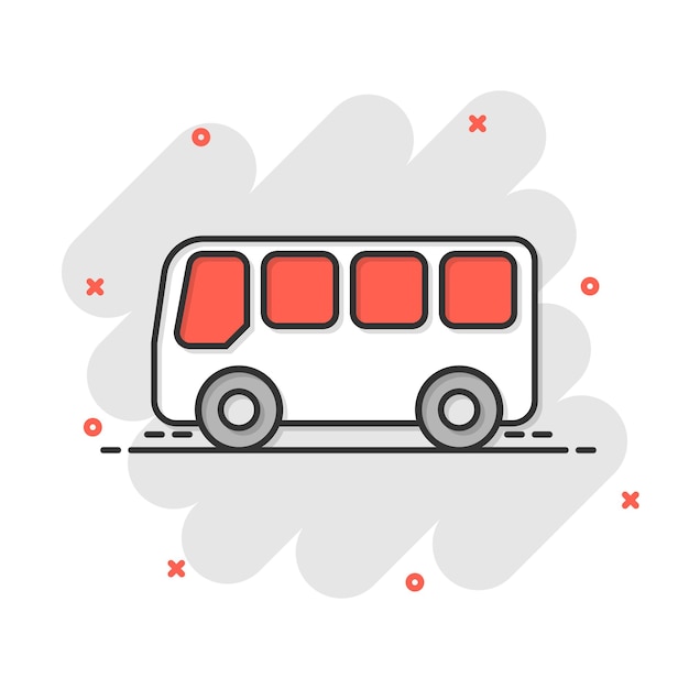Icono de autobús escolar en estilo cómico Ilustración de dibujos animados de vector de autobus sobre fondo blanco aislado Efecto de salpicadura de concepto de negocio de transporte de autocar