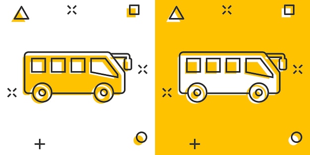 Icono de autobús en estilo cómic Ilustración de vector de dibujos animados de entrenador sobre fondo blanco aislado Concepto de negocio de efecto de salpicadura de vehículo Autobus