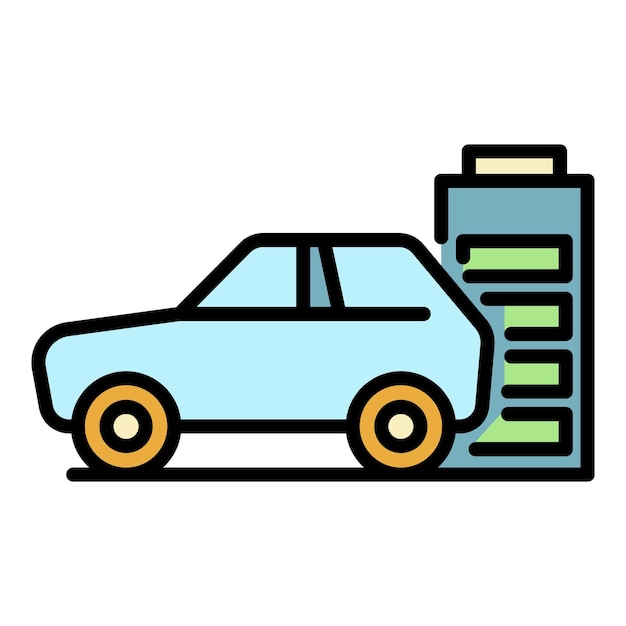 Icono de automóvil eléctrico y batería Contorno de automóvil eléctrico e icono vectorial de batería color plano aislado