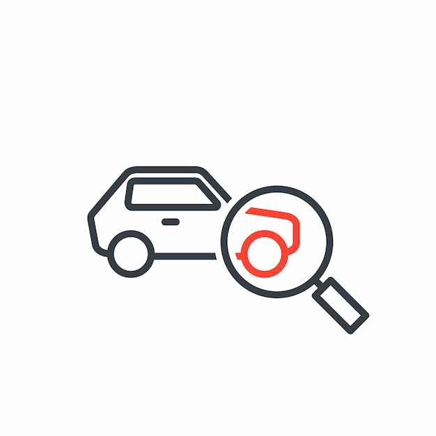 Icono de automóvil y lente de ampliación Concepto de diagnóstico de selección de automóvil Ilustración vectorial