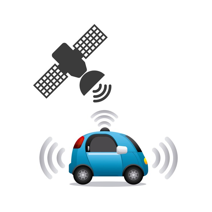 Vector icono de automóvil y satélite autónomo