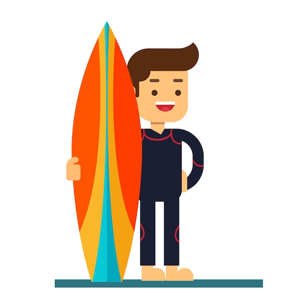 Vector icono de avatar de personaje de hombre. personaje de surf en traje de neopreno con tabla de surf