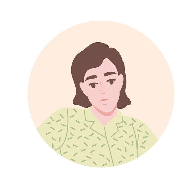 Icono de avatar de retrato plano para plataformas sociales con mujer joven en ilustración de vector de círculo beige sobre fondo blanco