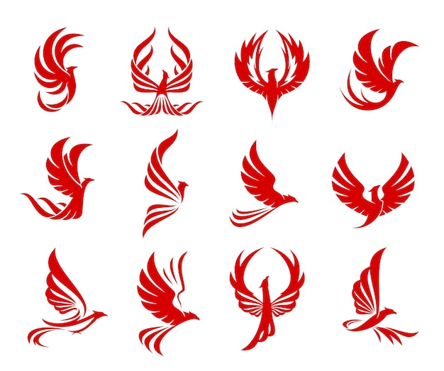 Icono de ave fénix roja con alas de fuego y plumas llameantes Vector fenix firebird águila de fuego roja halcón o halcón volando con alas levantadas Siluetas de ave fénix de fantasía para tatuaje o heráldica