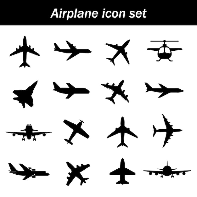 Icono de avión establecido en fondo blanco Silueta de avión