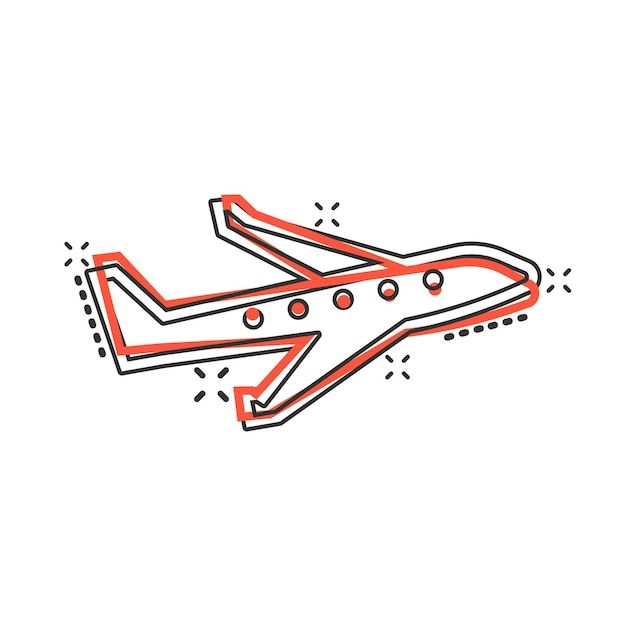 Icono de avión en estilo cómic Ilustración de vector de dibujos animados de avión sobre fondo blanco aislado Concepto de negocio de efecto de salpicadura de avión de pasajeros