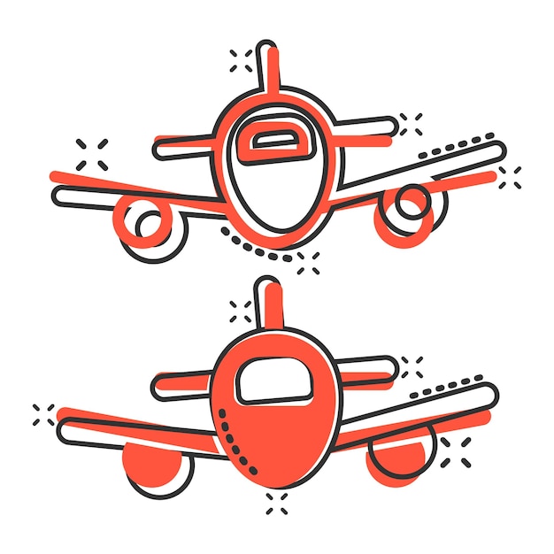 Icono de avión en estilo cómic Ilustración de vector de dibujos animados de avión sobre fondo blanco aislado Concepto de negocio de efecto de salpicadura de avión de pasajeros