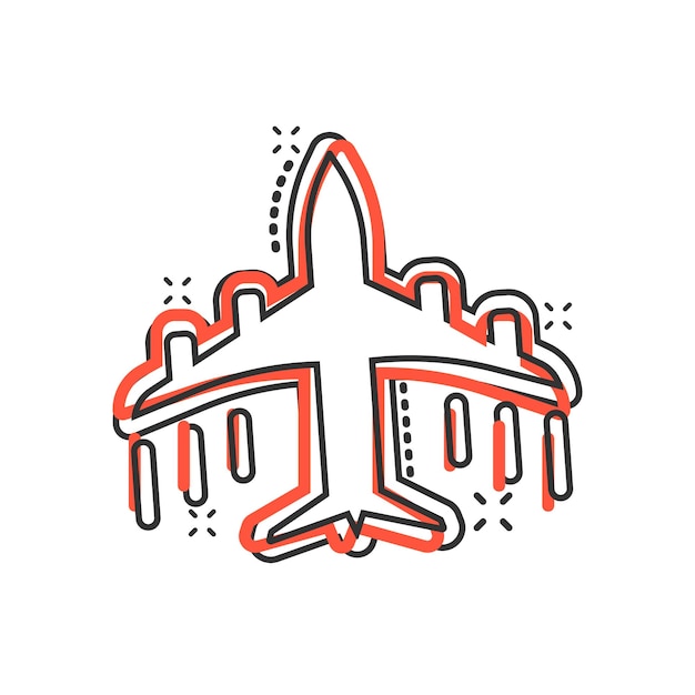 Icono de avión en estilo cómic Ilustración de vector de dibujos animados de avión sobre fondo blanco aislado Concepto de negocio de efecto de salpicadura de avión de pasajeros