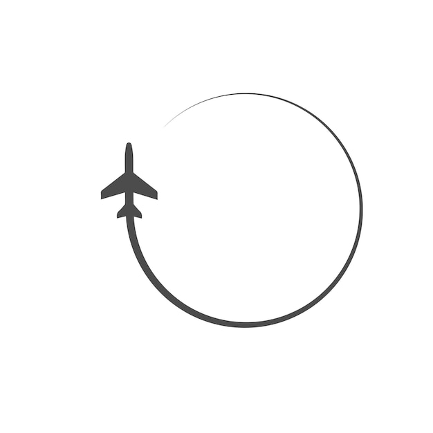 Icono de avión negro. Ruta del avión. Ruta circular de la aerolínea. Ilustración de vector aislado en blanco.