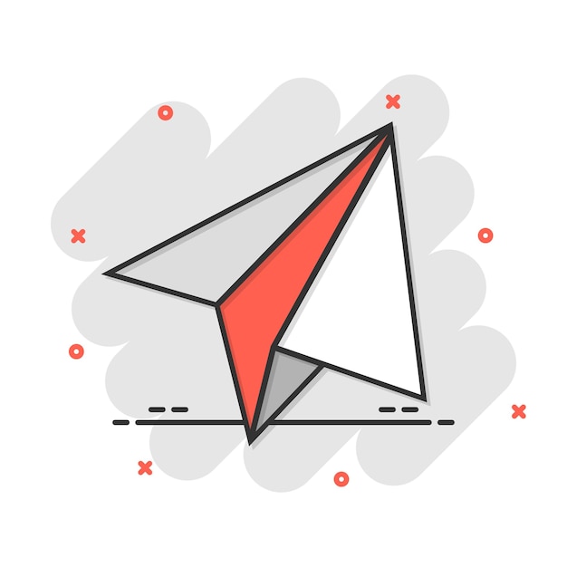 Icono de avión de papel en estilo cómico Ilustración de vector de dibujos animados de mensaje enviado sobre fondo blanco aislado Concepto de negocio de efecto de salpicadura de sms de aire