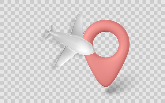Icono de avión y pin de ubicación Concepto de viaje 3D en fondo transparente