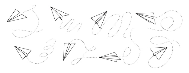 Icono de avión con vector de ruta de vuelo Avión de papel en estilo dibujado a mano Avión de papel de contorno Mensaje de garabato Símbolos de correo electrónico sms