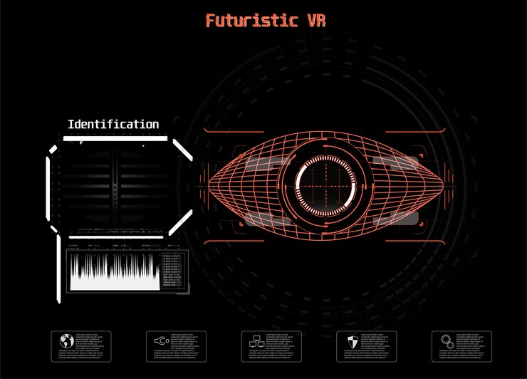 Vector icono en azul. ojo digital hud ui. . ilustración de medicina. icono de ojo estilo de tecnología futurista. sistema de identificación de escaneo.