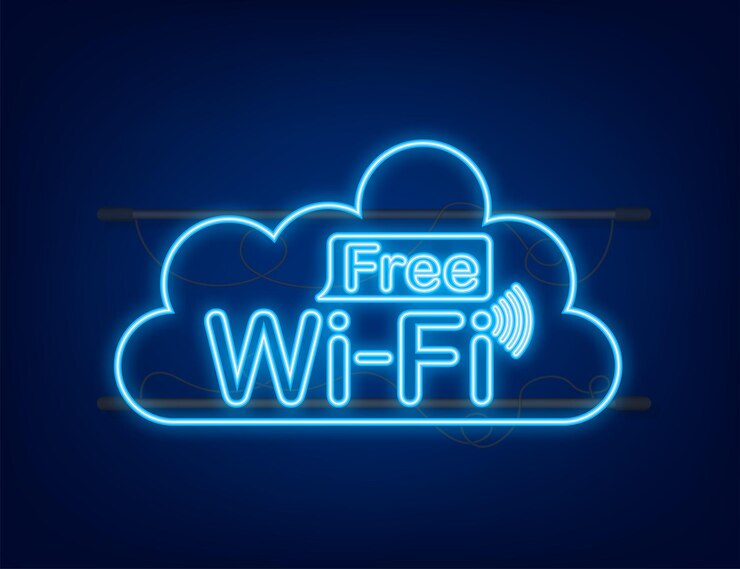 Vector icono azul de la zona wifi gratuita. wifi gratis aquí muestra el concepto. icono de neón. ilustración vectorial.