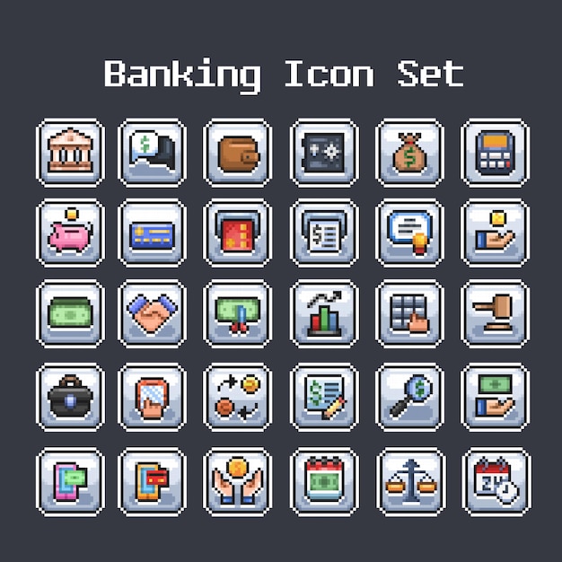 Icono bancario y fintech configurado en estilo de pixel art