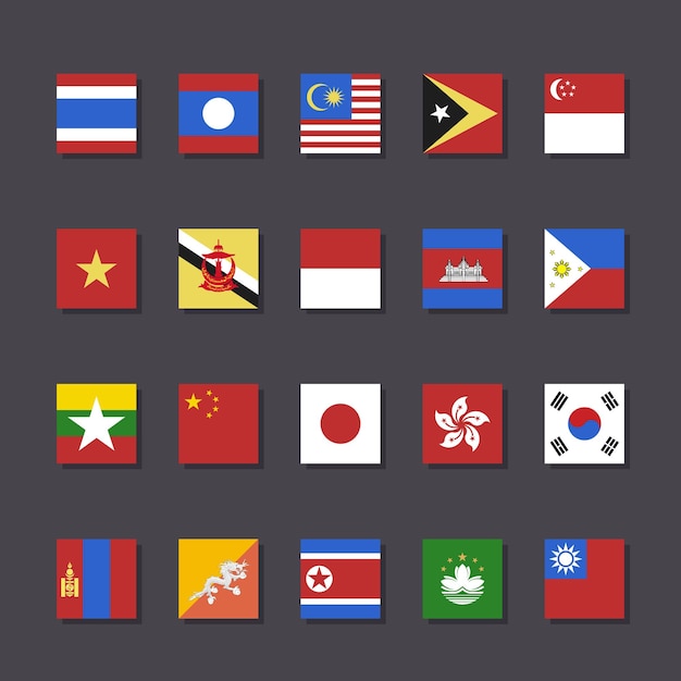 Vector el icono de la bandera de asia establece una ilustración vectorial de estilo plano de forma cuadrada