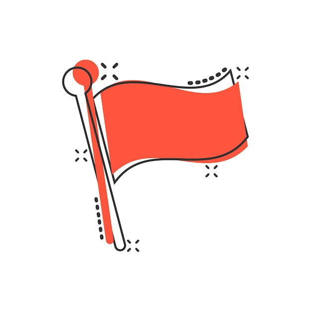 Icono de bandera en estilo cómic Ilustración de vector de dibujos animados Pin sobre fondo blanco aislado Concepto de negocio de efecto de salpicadura de asta de bandera