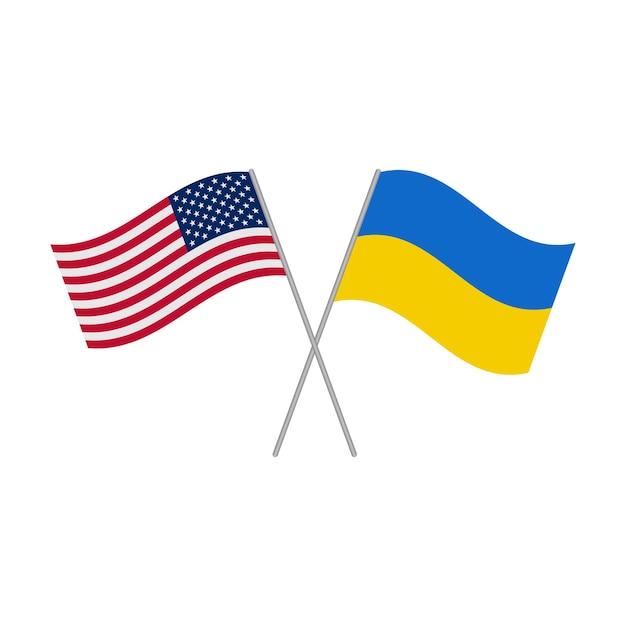 Icono de banderas americanas y ucranianas aislado sobre fondo blanco.