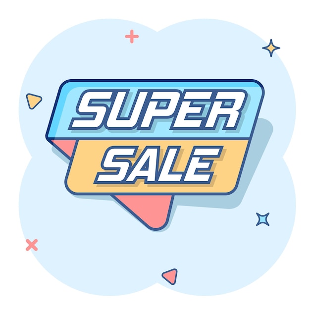 Icono de banner de super venta de dibujos animados de vector en estilo cómic Pictograma de ilustración de compras de insignia Concepto de efecto de salpicadura de negocio de super venta