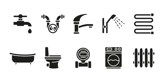 El icono del baño de fontanería se establece en negro Ilustración de suministro de agua y drenaje Lavabo de grifo y ducha