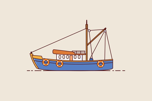 Icono de barco de pesca. arrastrero de pesca aislado sobre fondo marrón. diseño vectorial en estilo plano.