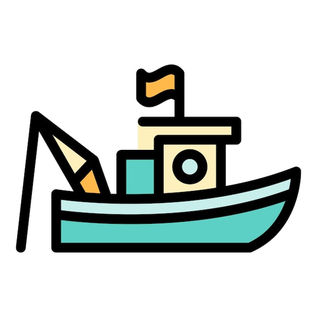 Icono de barco de pesca de bandera Contorno de barco de pescado de bandera Icono vectorial de color plano aislado
