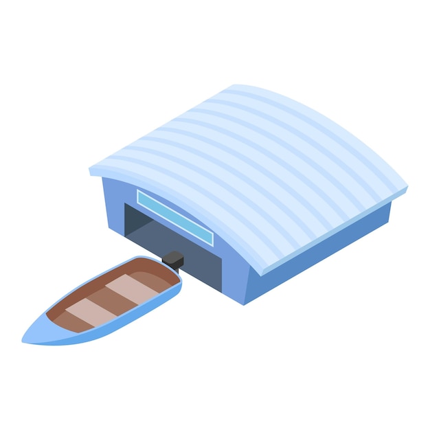 Icono de barco de pesca vector isométrico Barco de madera con motor fuera de borda cerca del garaje Transporte acuático pesca