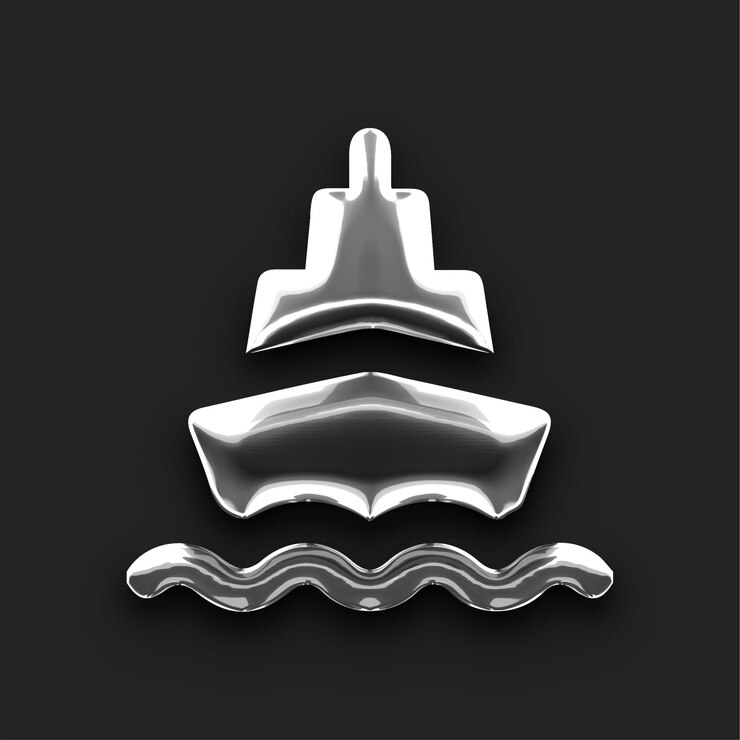 Vector icono de barco plateado metálico brillante con fondo negro