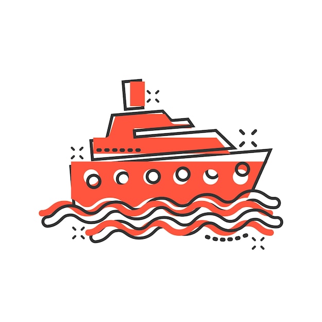 Vector icono de barco de turismo en estilo cómic ilustración de vector de dibujos animados de barco de pesca sobre fondo blanco aislado concepto de negocio de efecto de salpicadura de destino de petrolero