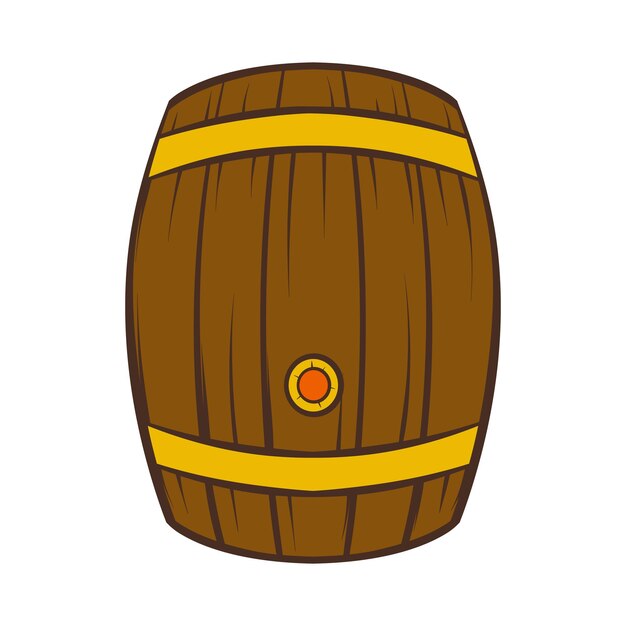 Icono de barril de cerveza de madera en estilo de dibujos animados sobre un fondo blanco