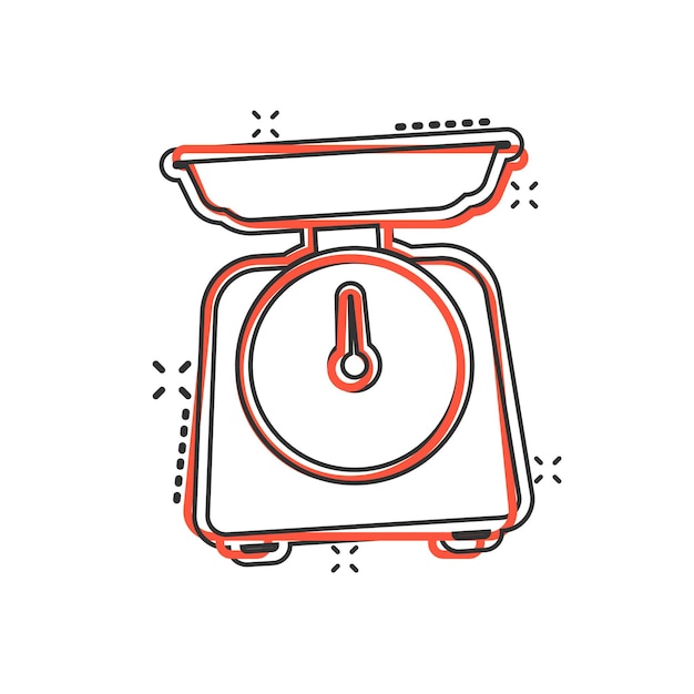 Icono de báscula de baño en estilo cómico Ilustración de vector de dibujos animados de medición de masa sobre fondo aislado Efecto de salpicadura de sobrepeso signo concepto de negocio