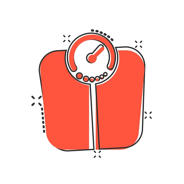 Icono de báscula de baño en estilo cómico Ilustración de vector de dibujos animados de medición de masa sobre fondo aislado Efecto de salpicadura de sobrepeso signo concepto de negocio