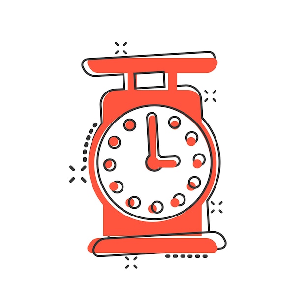 Icono de báscula de baño en estilo cómico Ilustración de vector de dibujos animados de medición de masa sobre fondo aislado Efecto de salpicadura de sobrepeso signo concepto de negocio