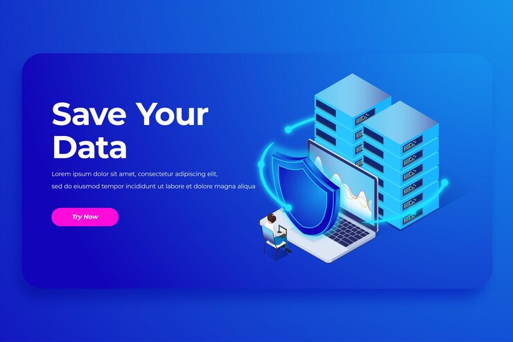 Vector icono de base de datos de seguridad de página de aterrizaje isométrica con escudo y llave