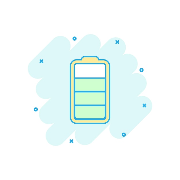 Icono de batería de colores de dibujos animados en estilo cómico Ilustración de energía de la batería Pictograma Logos de acumulación concepto de negocio de salpicaduras