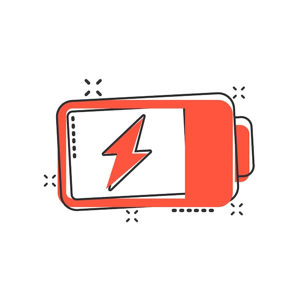 Icono de batería en estilo cómic Ilustración de vector de dibujos animados de acumulador sobre fondo blanco aislado Concepto de negocio de efecto de salpicadura de cargador de energía