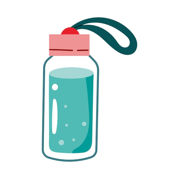 Icono de bebida de agua pura en estilo plano Ilustración vectorial de botella de vidrio y vaso de beber en fondo aislado Concepto de negocio de letrero de bebidas de agua Estilo de dibujos animados dibujado a mano aislado en blanco