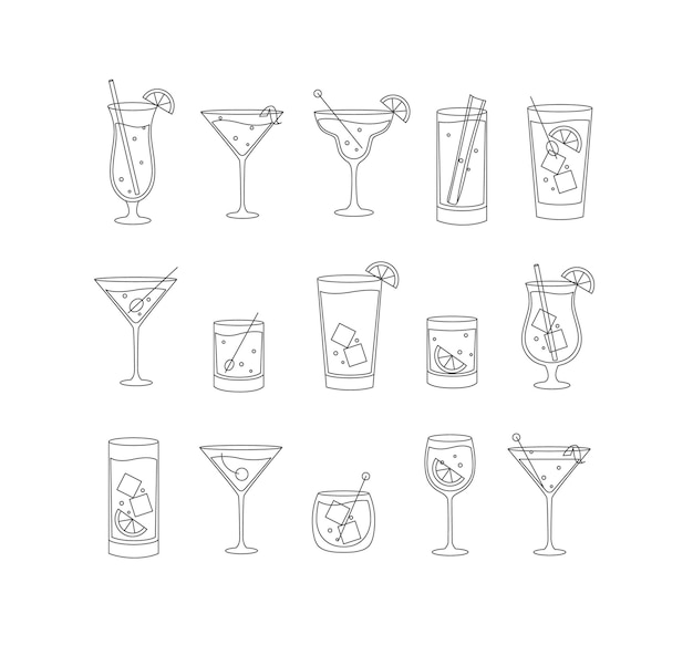 Icono de bebidas alcohólicas y cócteles en estilo de línea plana sobre fondo blanco