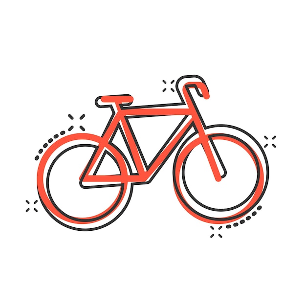 Icono de bicicleta en estilo cómic Ilustración de vector de dibujos animados de bicicleta sobre fondo blanco aislado Concepto de negocio de efecto de salpicadura de viaje en bicicleta