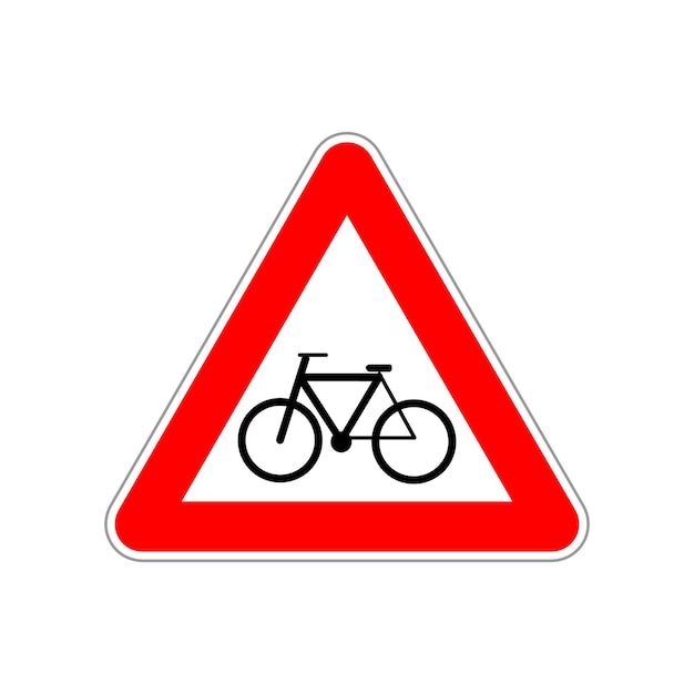 Icono de bicicleta en la señal de carretera triángulo rojo y blanco aislado en blanco