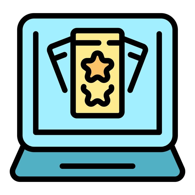 El icono del billete de la computadora portátil del vector de contorno del cine de la música de la película el color de la película es plano