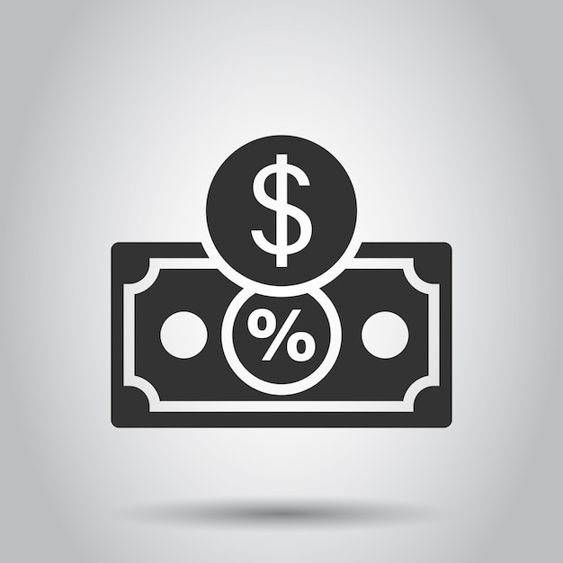 Icono de billete de moneda en dólares en estilo plano Ilustración de vector de descuento en efectivo en dólares sobre fondo blanco aislado Billete de banco con concepto de negocio por ciento