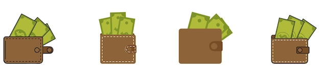 Icono de billetera Billetera marrón con dinero de papel verde Billetera con dinero en dólares EPS 10