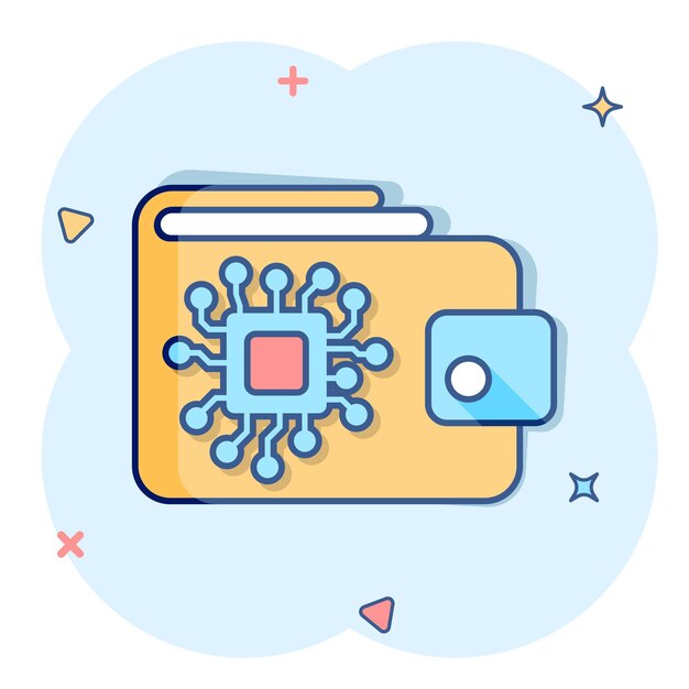 Icono de billetera digital en estilo cómico Bolsa criptográfica vector ilustración de dibujos animados pictograma Finanzas en línea comercio electrónico concepto de negocio efecto de salpicadura